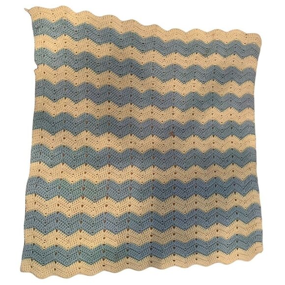 Vintage Afghan Blanket Crochet Blue Yellow/Cream Small Throw Baby Handmade Retro - Picture 1 of 9